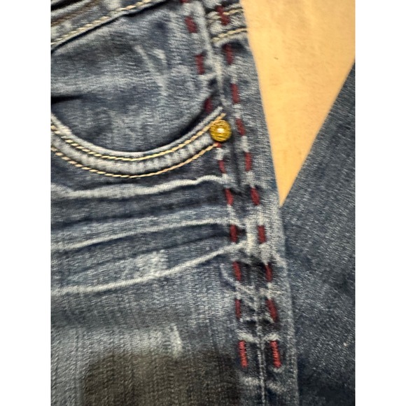 MEK Denim Jaipur Bootcut Jeans Womens 26x34 Dark Wash Distressed Y2K Embroidered - Picture 14 of 16